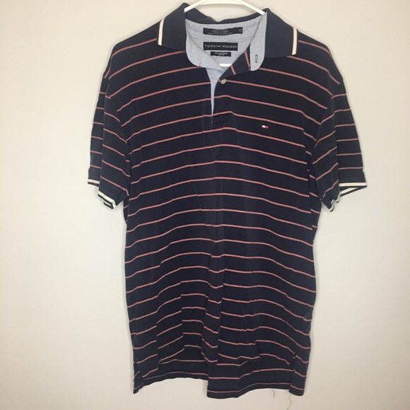 TOMMY HILFIGER Men’s Navy Red Striped Short Sleeve Polo Shirt Medium - Picture 1 of 4